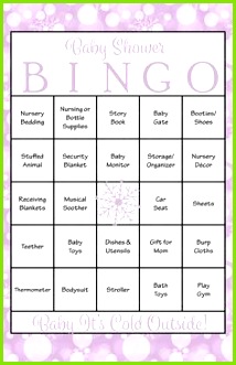 Winter Baby Bingo Cards Printable Download Prefilled Baby Shower Game for Girl Purple Bokeh