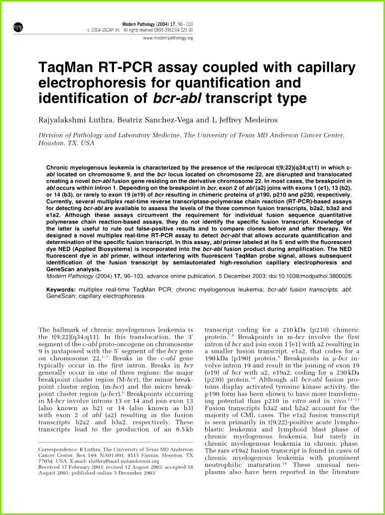 PDF TaqMan RT PCR assay coupled with capillary electrophoresis for quantification and identification of bcr abl transcript type