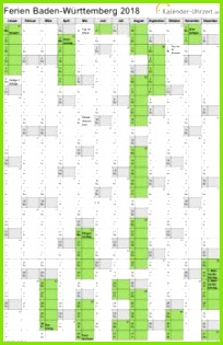 Baden Württemberg Kalender 2018 mit Ferien