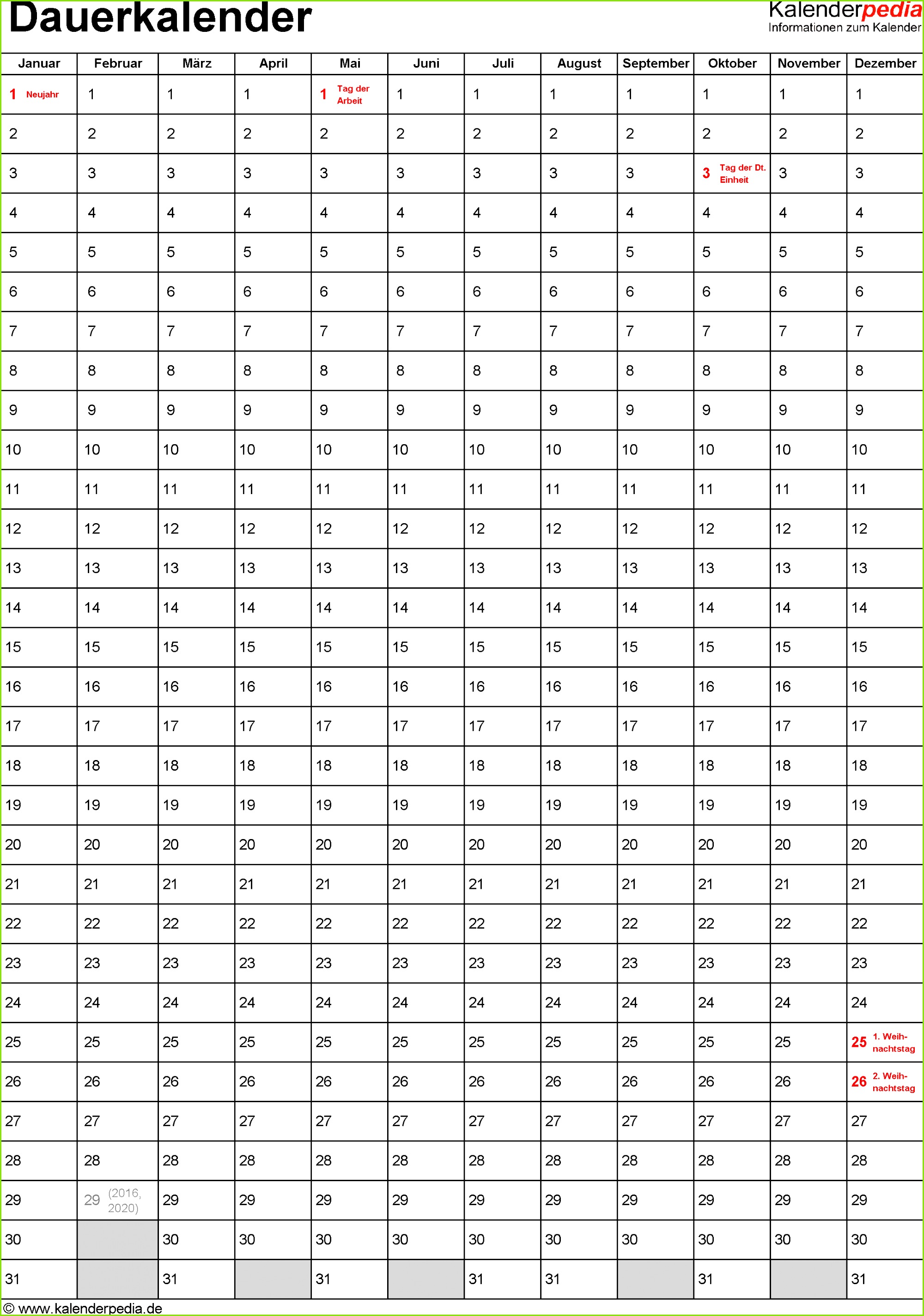 Dauerkalender Immerwährender Kalender In Excel Zum Ausdrucken bei Kalender Ohne Wochentage