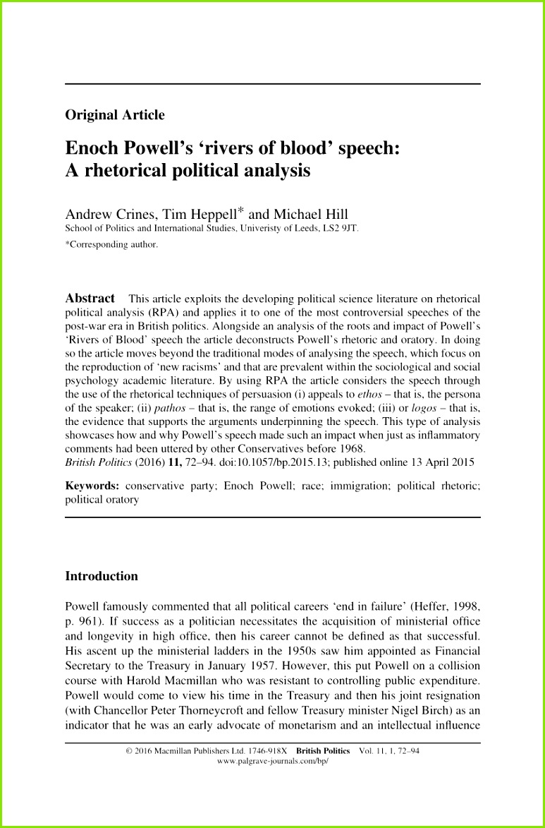 PDF Enoch Powell s Rivers of Blood speech A Rhetorical Political Analysis