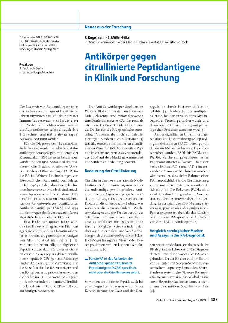 PDF Genetik und Immunologie der Antikörper gegen citrullinierte Peptidantigene bei der rheumatoiden Arthritis