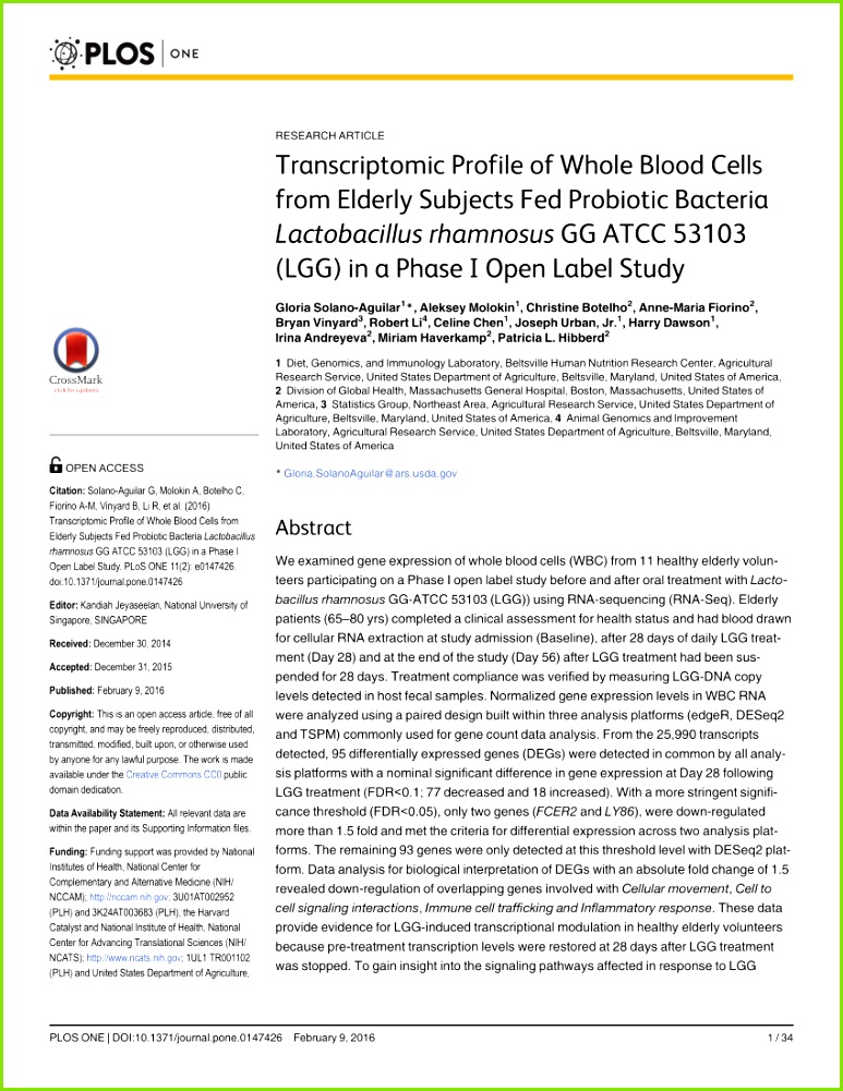 PDF Transcriptomic Profile of Whole Blood Cells from Elderly Subjects Fed Probiotic Bacteria Lactobacillus rhamnosus GG ATCC LGG in a Phase I Open