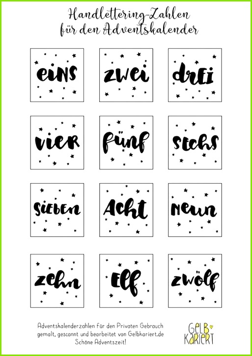 Handlettering Adventskalenderzahlen Zahlen zum Ausdrucken Weihnachten Advent Adventskalender Basteln Hand Lettering
