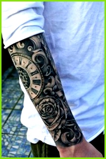 ideen für tolle schwarze tattoos für männer auf hand uhr und eine schwarze rose Tattoo Bilder