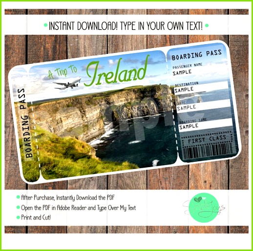 Printable Ticket to Ireland Boarding Pass Template Digital File You Fill and Print