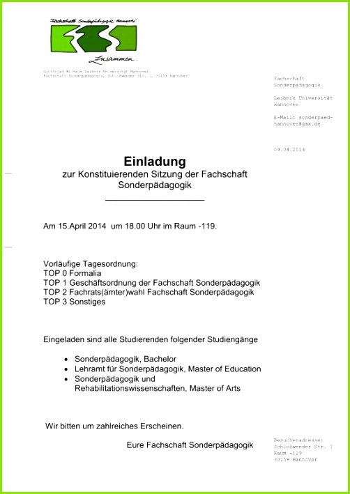 fizielle Einladung Vorlage Zur Konstituierenden Sitzung Im April 2014 Fachschaft