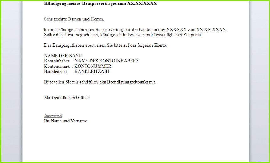 Bausparvertrag kündigen Vorlage