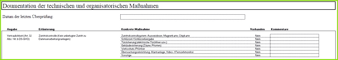 Technische und Organisatorische Maßnahmen Excel Vorlage