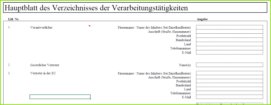 Verzeichnis von Verarbeitungstätigkeiten Excel Vorlage für das Hauptblatt