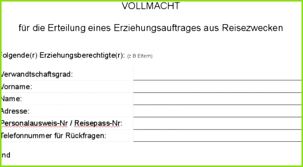 Vollmachtsformular wenn Kinder mit Verwandten Freunden reisen