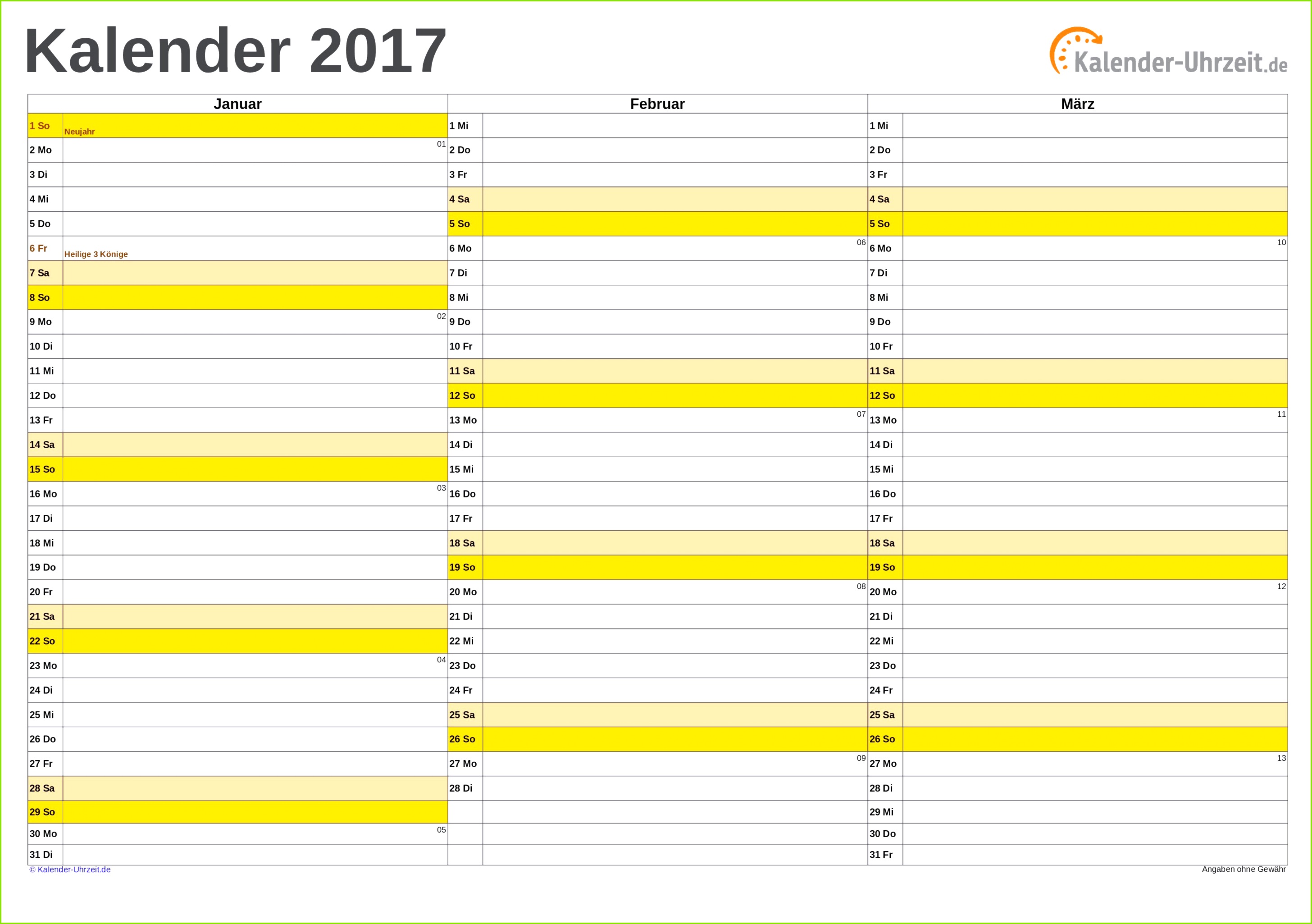 Quartalskalender 2017 zum Ausdrucken PDF Vorlage 1 KalUhr Weitere Kalender Vorlagen 2017