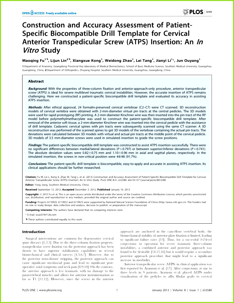 PDF A Novel Patient Specific Drill Guide Template for Pedicle Screw Insertion into the Subaxial Cervical Spine Utilizing Stereolithographic Modelling An