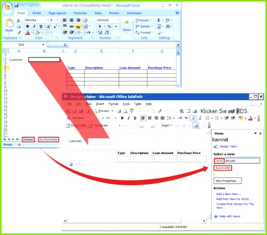 Eine Excel Arbeitsmappe vor und nach der Konvertierung in eine InfoPath Formularvorlage
