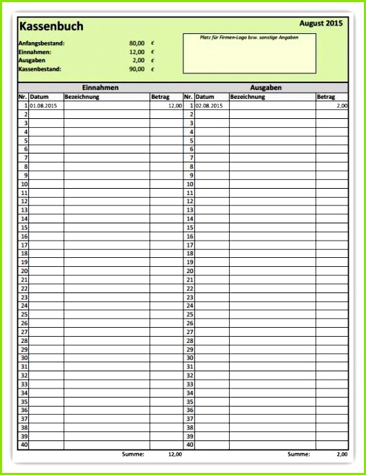 Excel Vorlage Kassenbuch Alle Meine Vorlagen