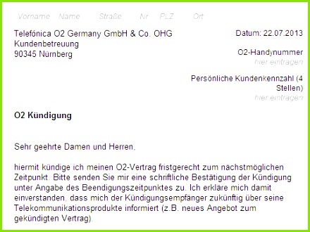 O2 Kündigung Vorlage