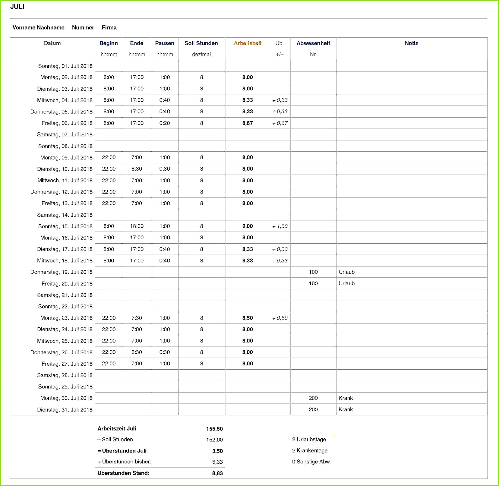 Vorlage Langzeitlieferantenerklärung 2018 Neu Numbers Vorlage Zeiterfassung Arbeitszeit 2018