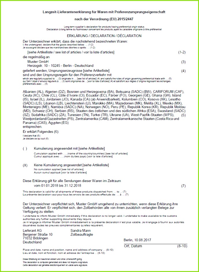 Langzeit Lieferantenerklärung Vorlage übersicht – update am 28 11 2018