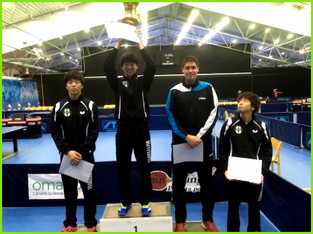 Men on the podium left Takumi Ichninose Hokuto Koriyama and Benedek Oláh Masato