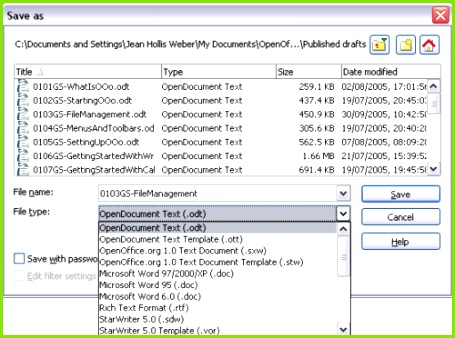 Figure 2 The Open fice Save As dialog showing some of the Save