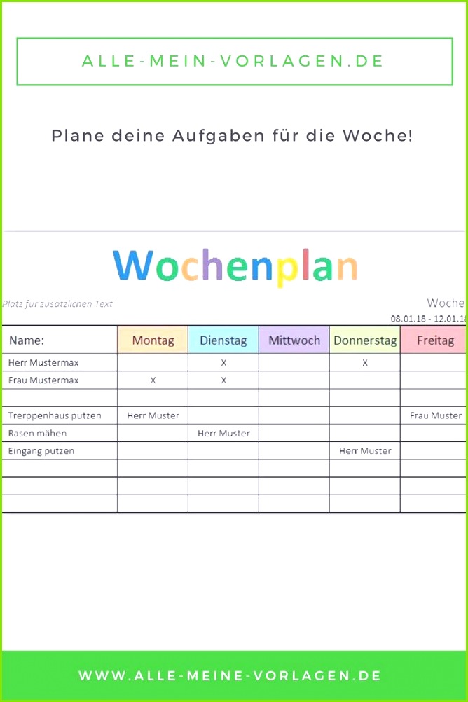 Mit der kostenlosen Vorlage „Wochenplan“ kannst du deine Aufgaben und ToDo´s wöchentlich