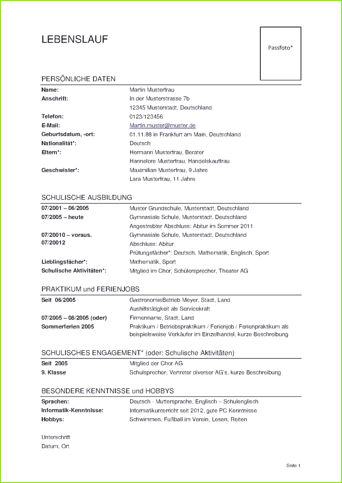 Lebenslauf Vorlage Praktikum 9 Klasse Lebenslauf Muster Praktikum 9