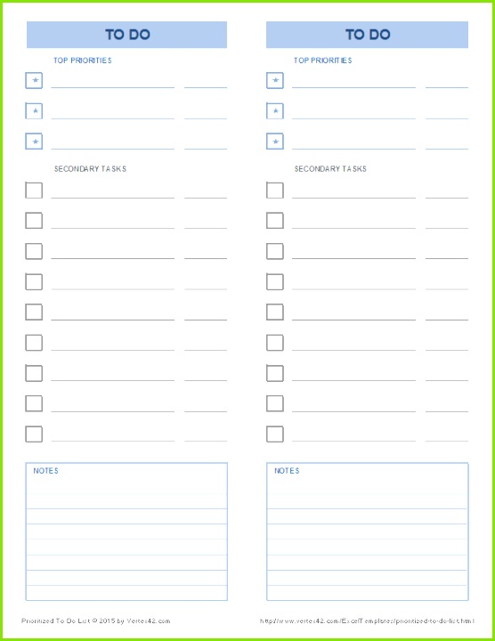 Free printable Prioritized To Do List 2 columns per page for PDF or Excel from Vertex42