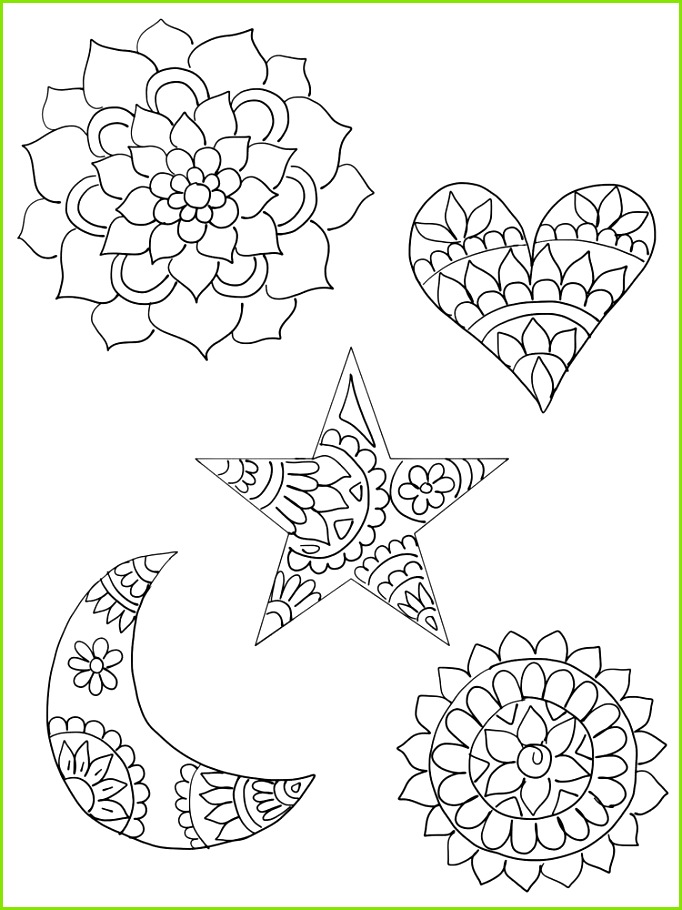 DIY Shrinky Dinks Template featuring mandala patterns in heart star and crescent moon