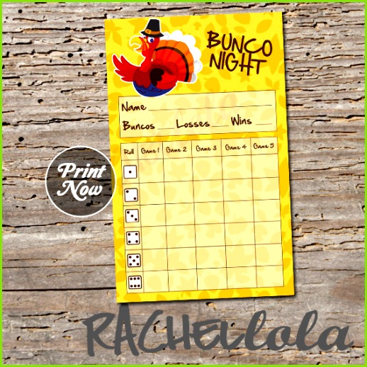 Turkey Thanksgiving Bunco score card instant
