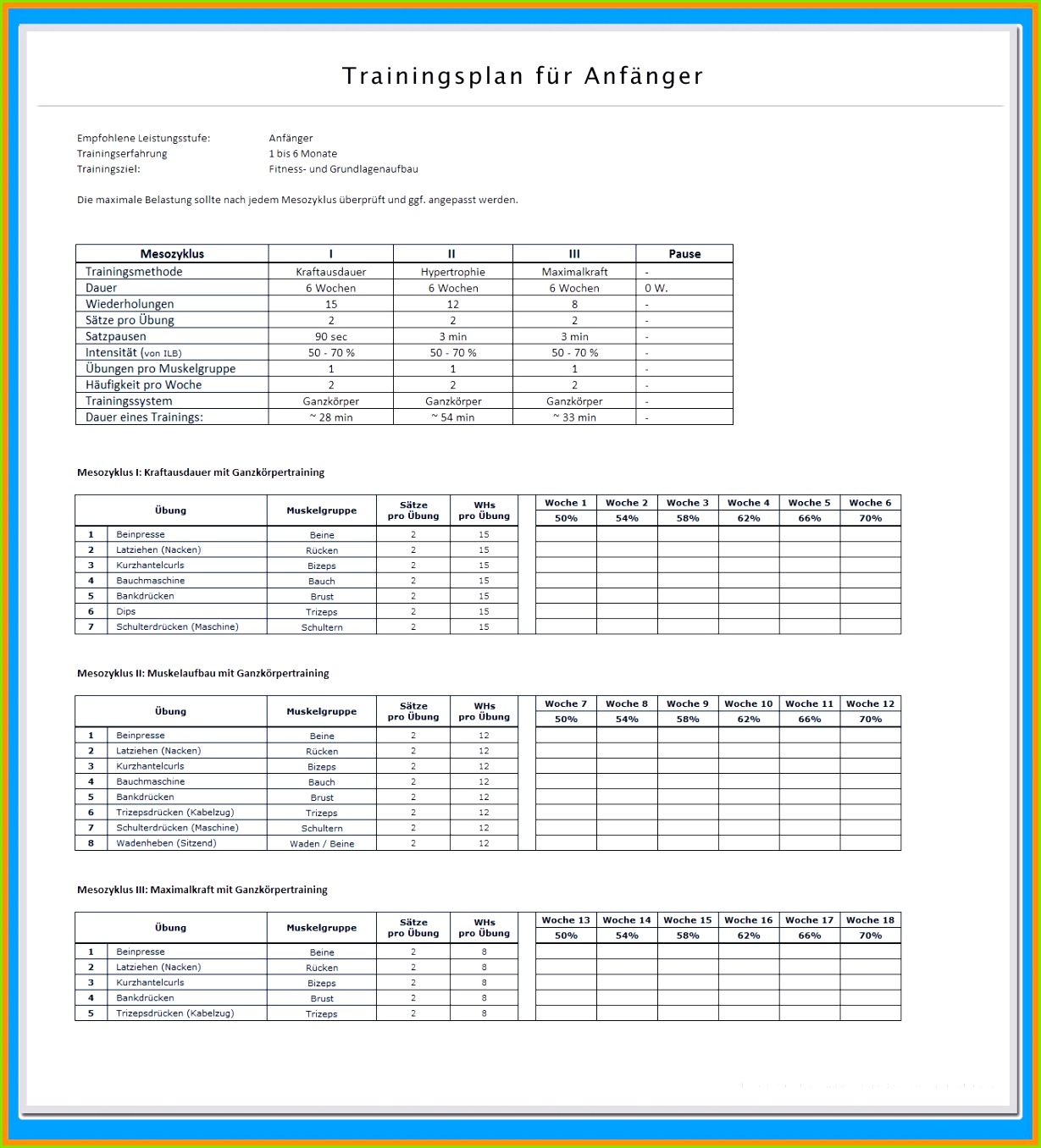 12 vorlage trainingsplan krafttraining excel