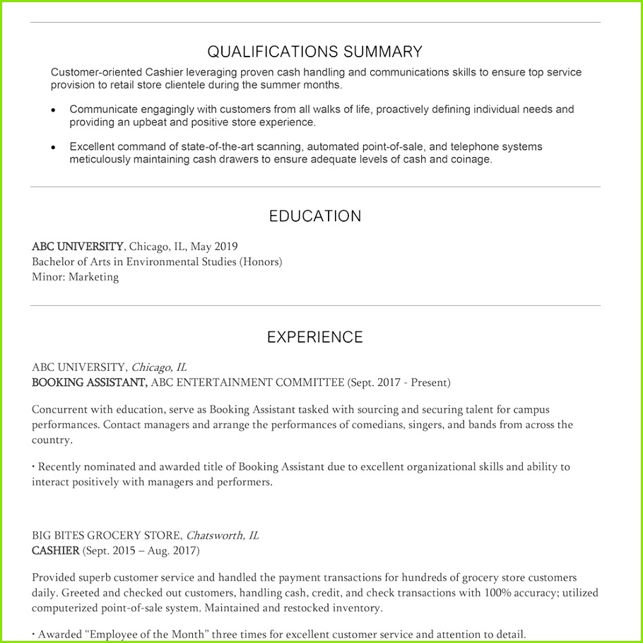 Screenshot of a summer cashier resume template