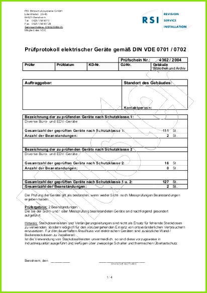 Prüfprotokoll elektrischer Geräte gemäß DIN VDE 0701