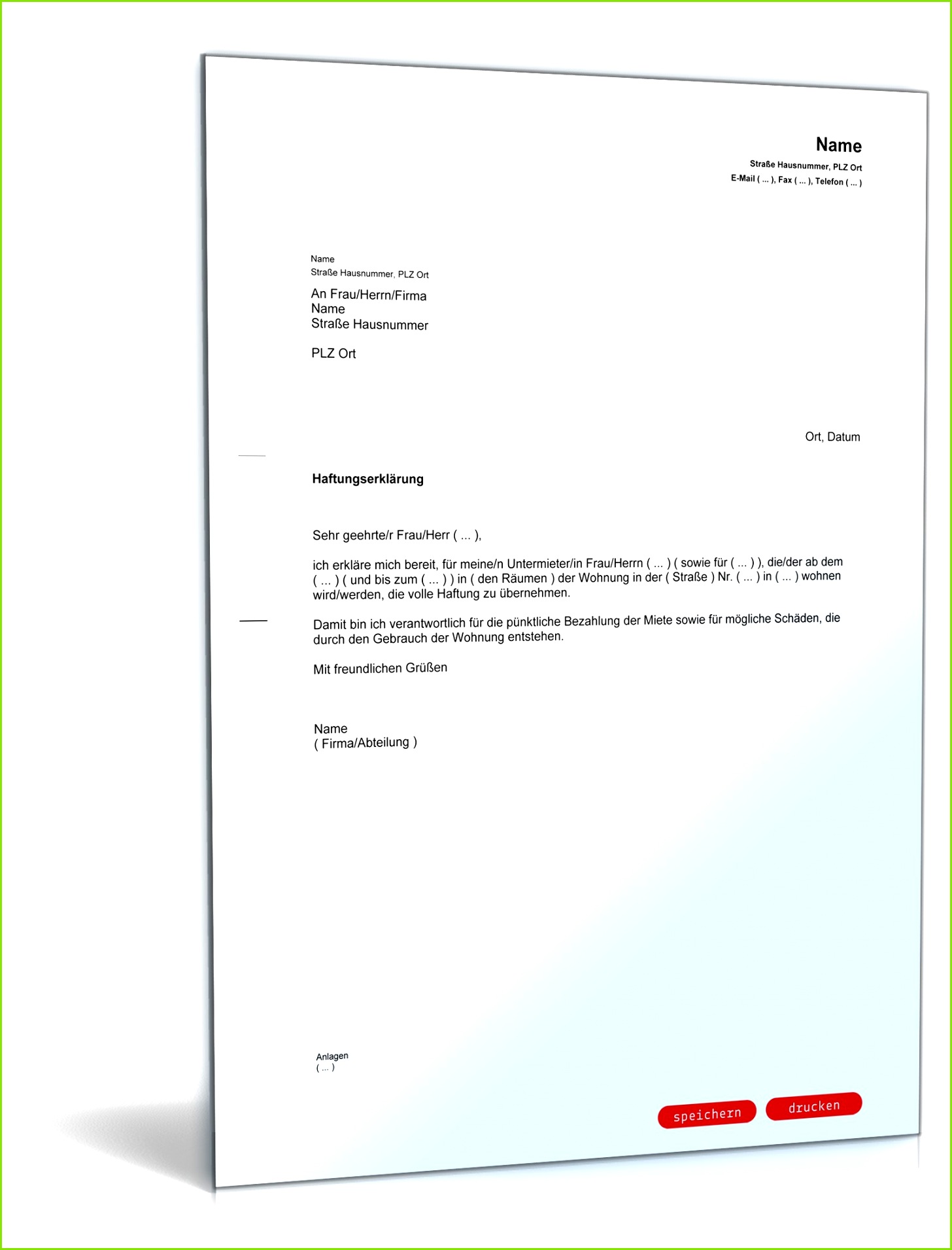 erklaerung des mieters ueber haftung fuer den untermieter