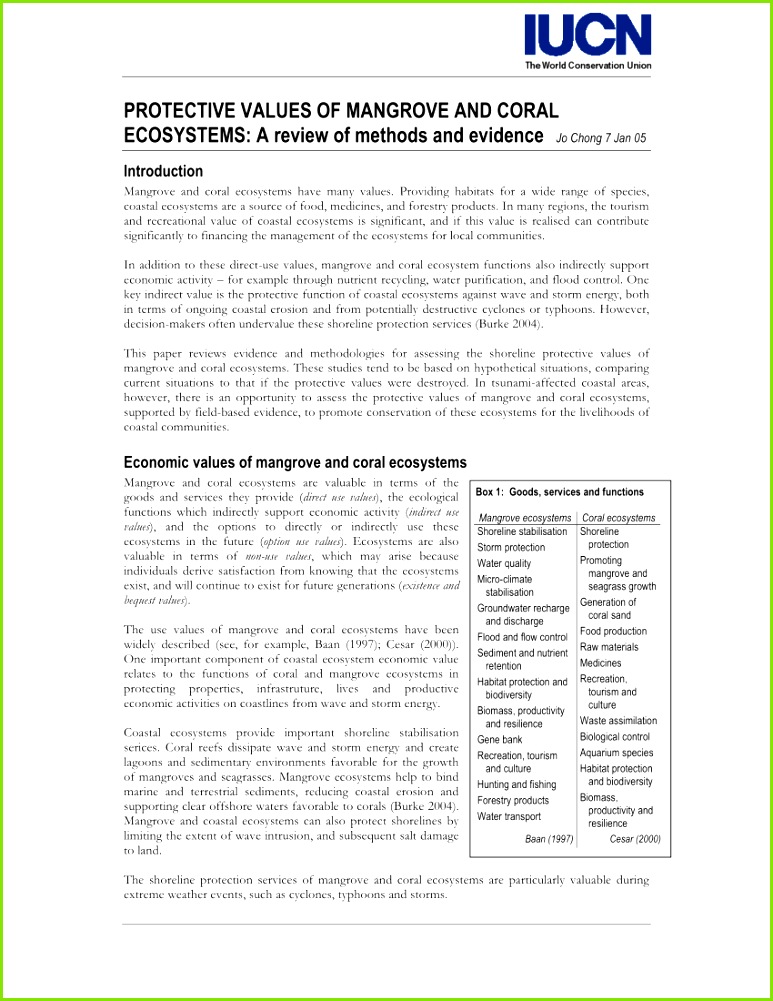 Coastal Protection Services from Coral Reefs and Mangroves in Policy and Practice Case Stu s