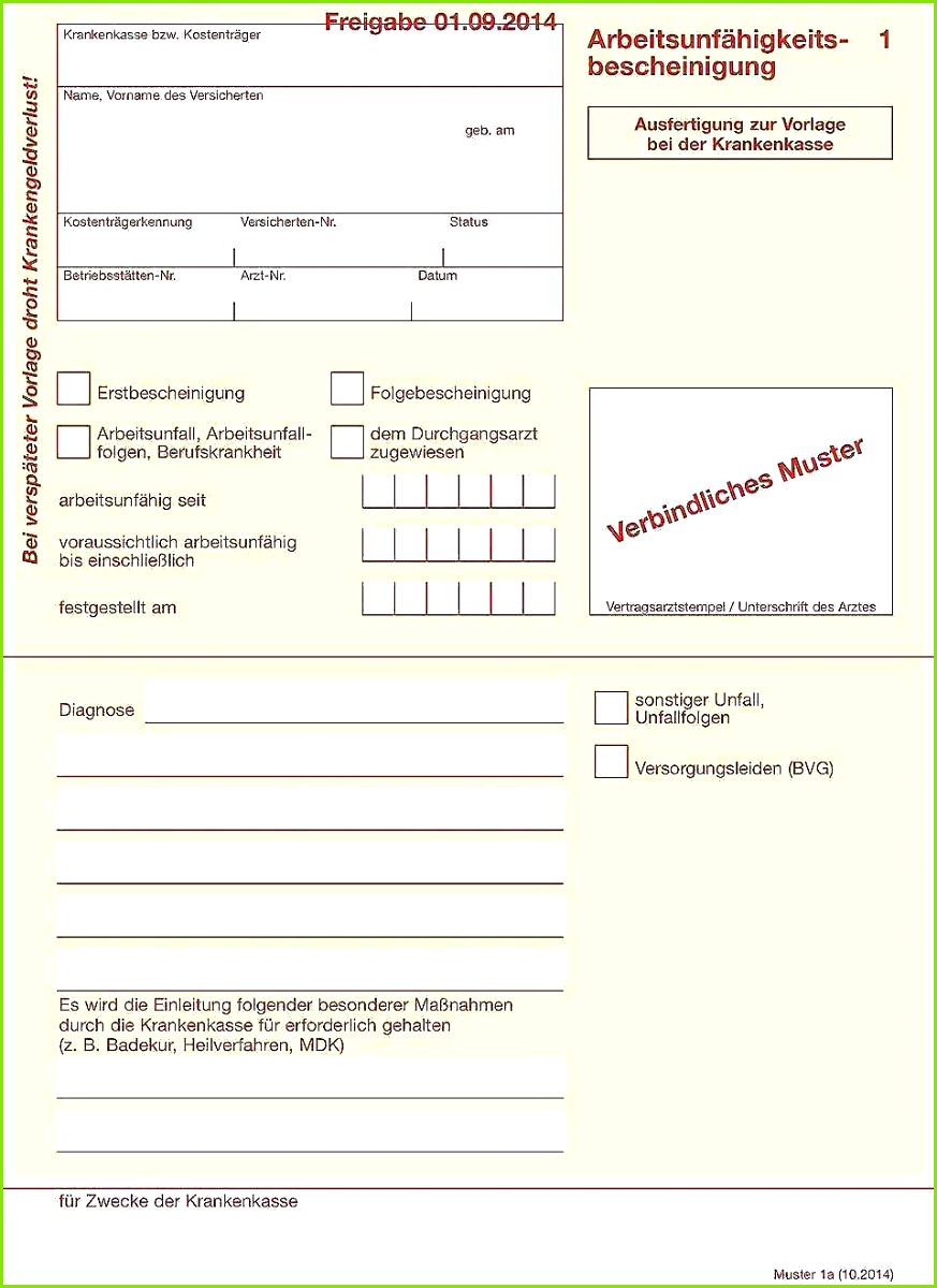 Arbeitsunfähigkeitsbescheinigung Zur Vorlage Bei Der Krankenkasse Ziemlich Arbeitsunfähigkeitsbescheinigung Verbindliches Muster
