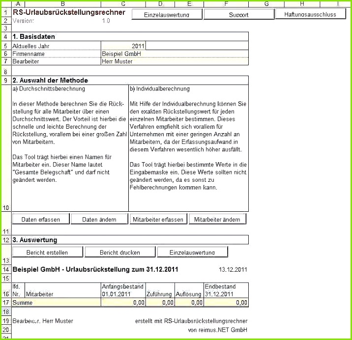 Beffe Berechnung Vorlage Elegante Excel Vorlage Zur Berechnung Von Urlaubsrückstellungen