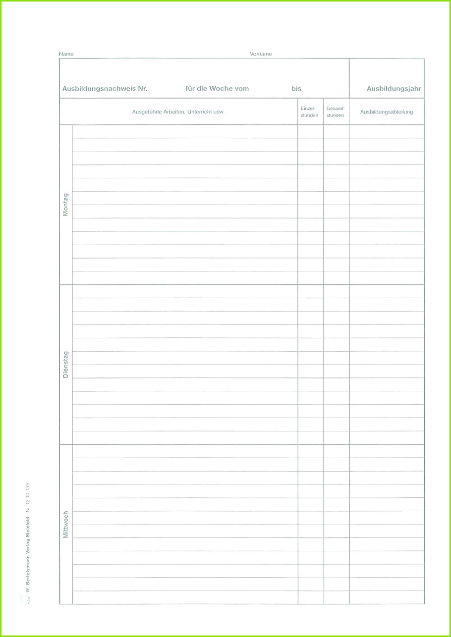 Inspirierende Berichtsheft Vorlage Ihk Download Ausbildungsnachweis Blatt für 1 Woche für tägliche Eintragungen