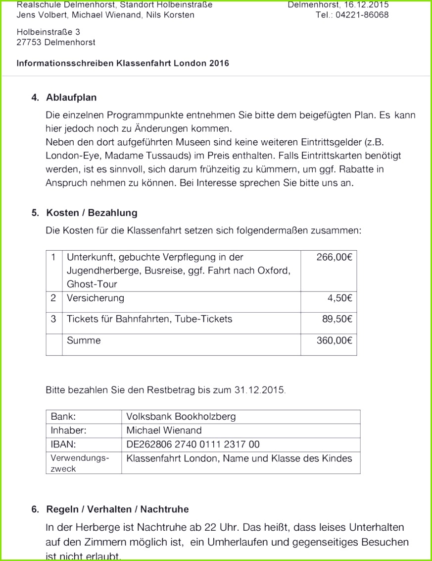 Falls Eintrittskarten benötigt werden ist es sinnvoll sich darum frühzeitig zu kümmern um Informationsschreiben Klassenfahrt London Elternbrief Klassenfahrt