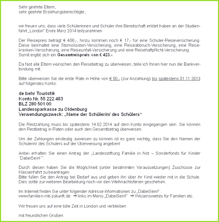 Elternbrief Klassenfahrt London esens