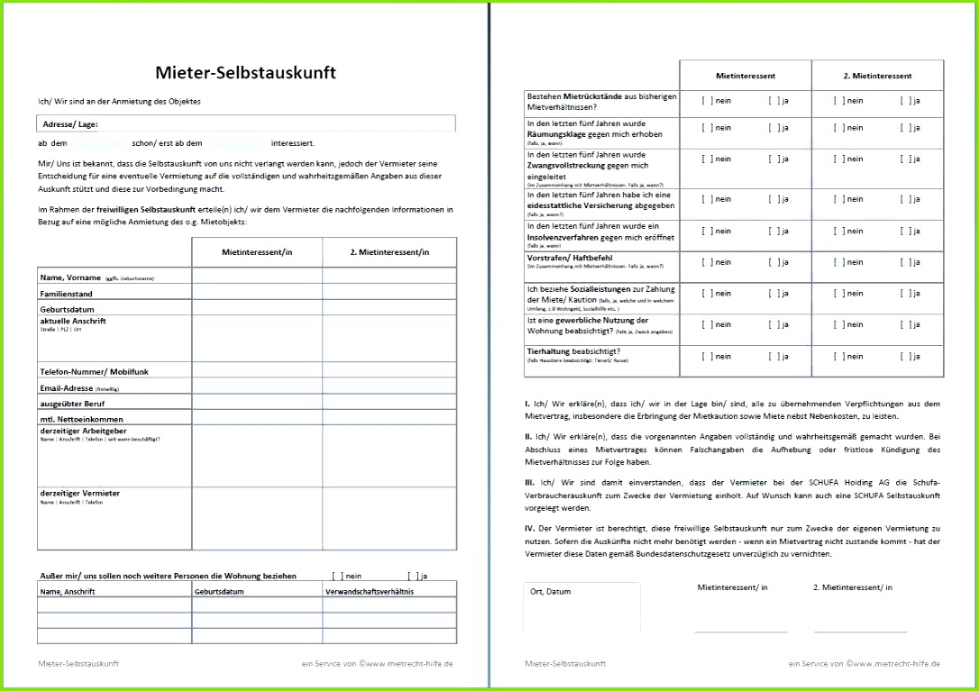 Freiwillige Mietbürgschaft Vorlage Schön Selbstauskunft Des Mieters Mieterselbstauskunft
