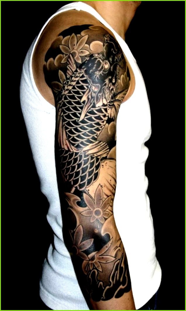 black and gray japanese sleeve tattoos