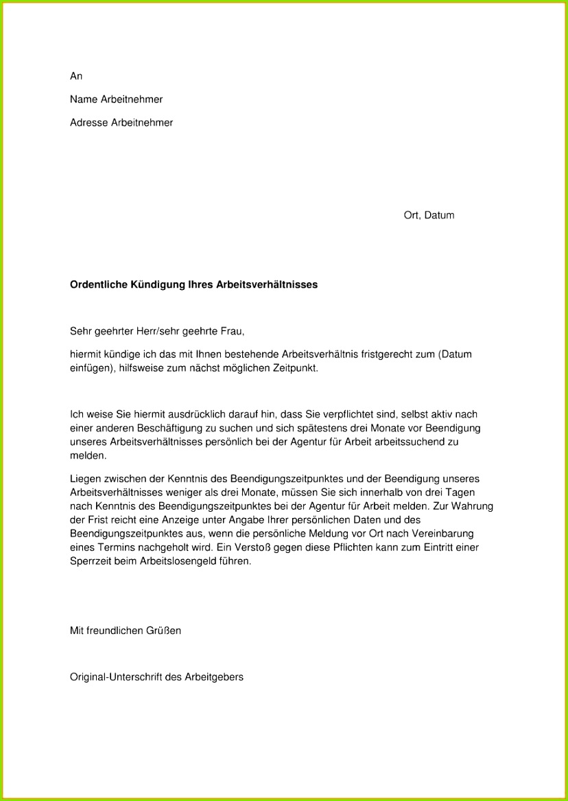20 Kündigung Arbeitnehmer Muster Kostenlos