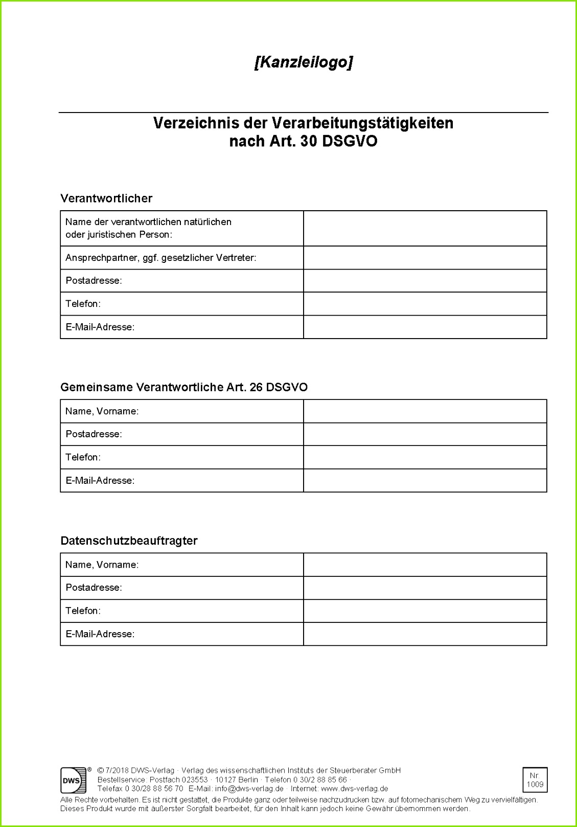 Verzeichnis der Verarbeitungstätigkeiten nach Art 30 DSGVO Word Datei