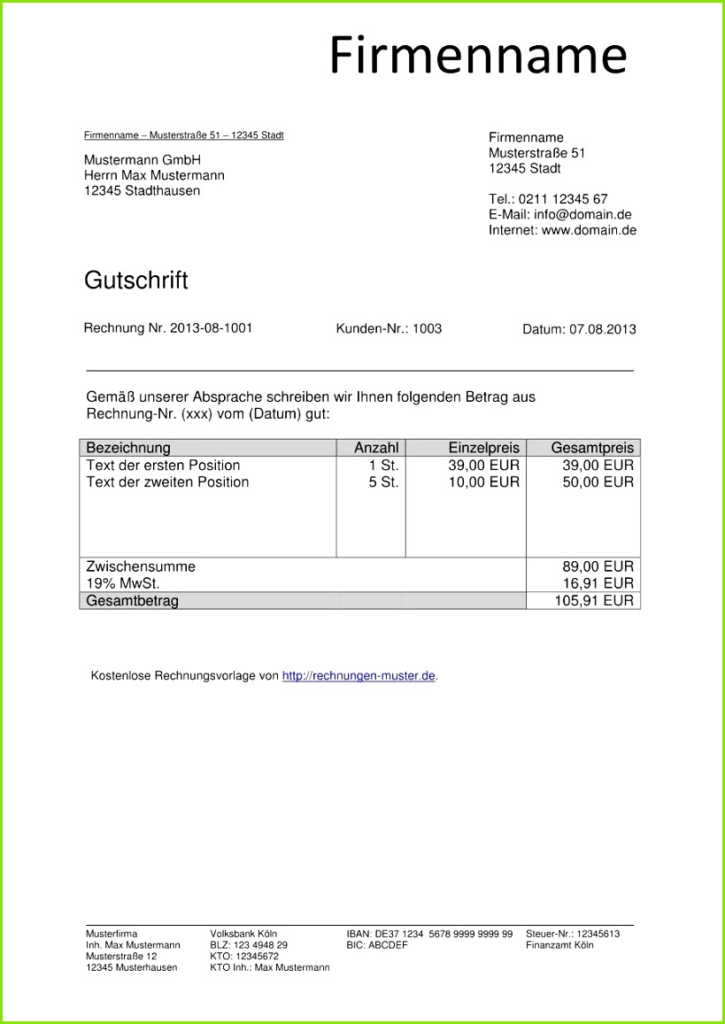 Gutschrift Muster Kostenlos