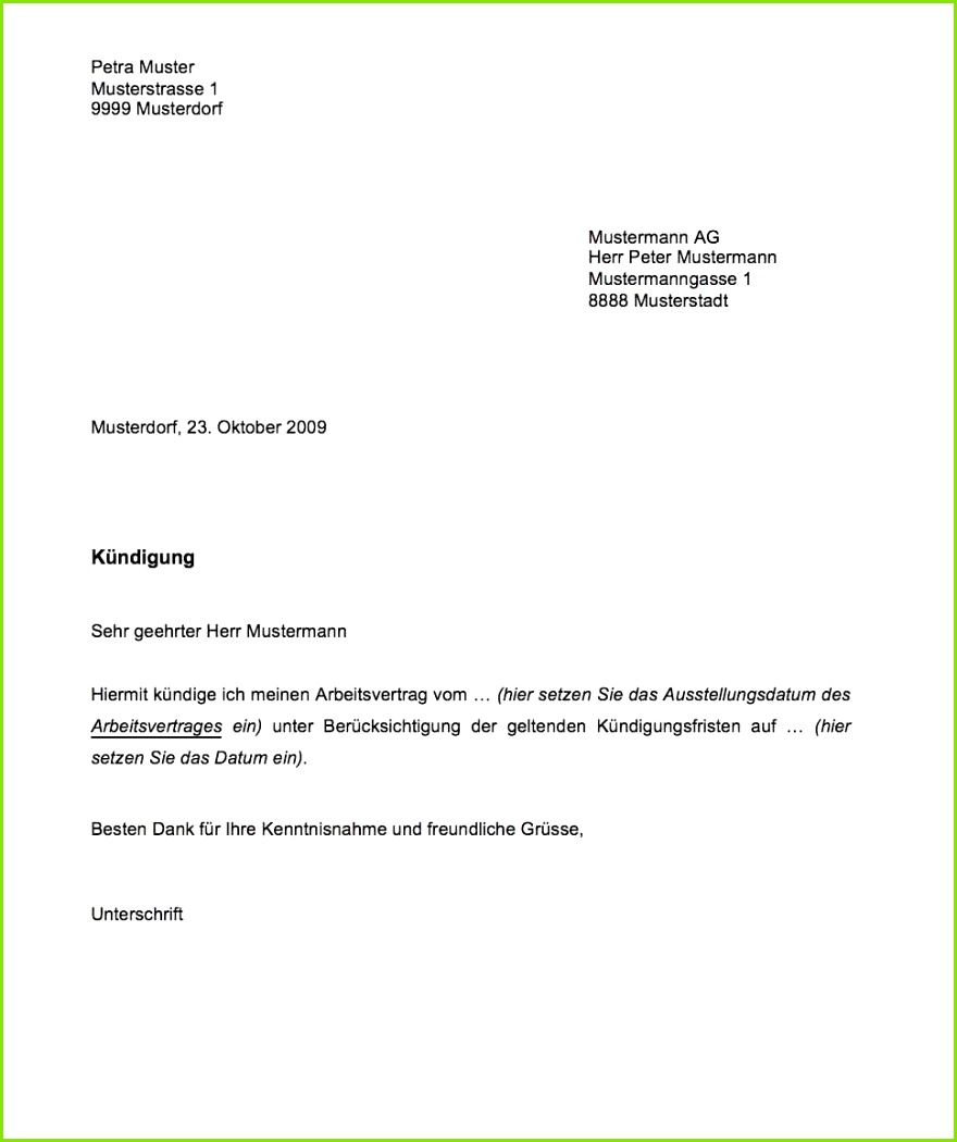 Kundigung Schreiben Ausbildung 10 vordruck kündigung arbeitnehmer