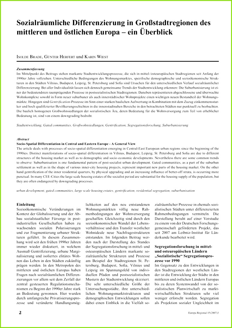 PDF Sozialräumliche Differenzierung in Großstadtregionen des mittleren und östlichen Europa – ein überblick