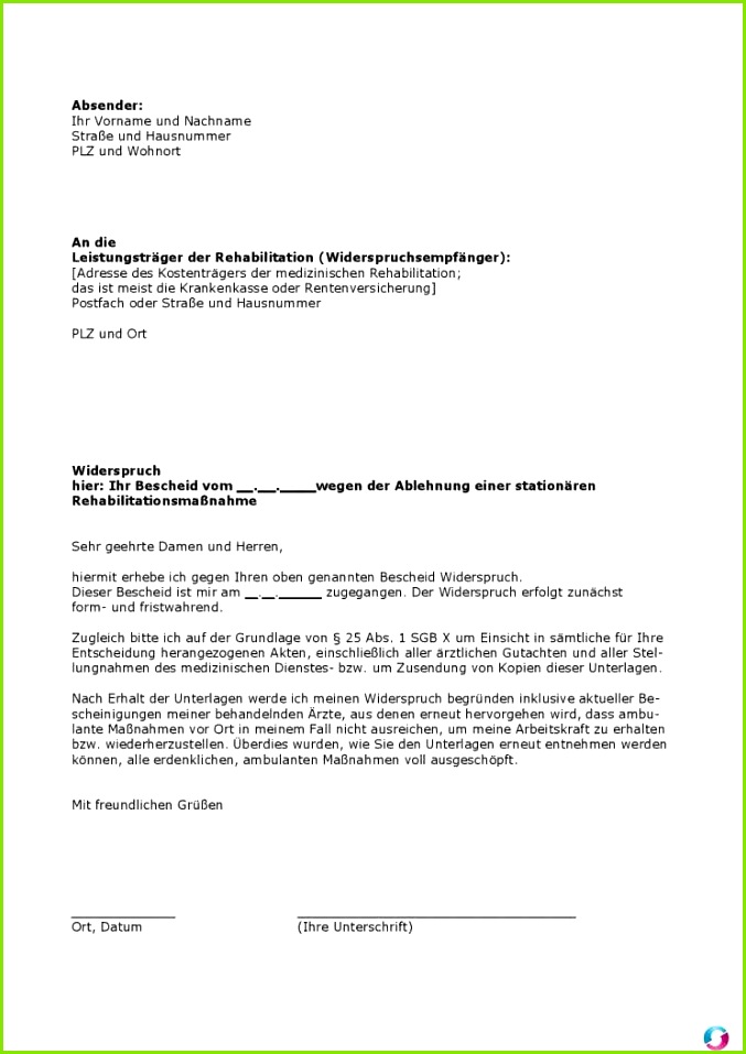 muster widerspruch wegen der ablehnung einer stationären & Reha Abgelehnt Widerspruch Muster