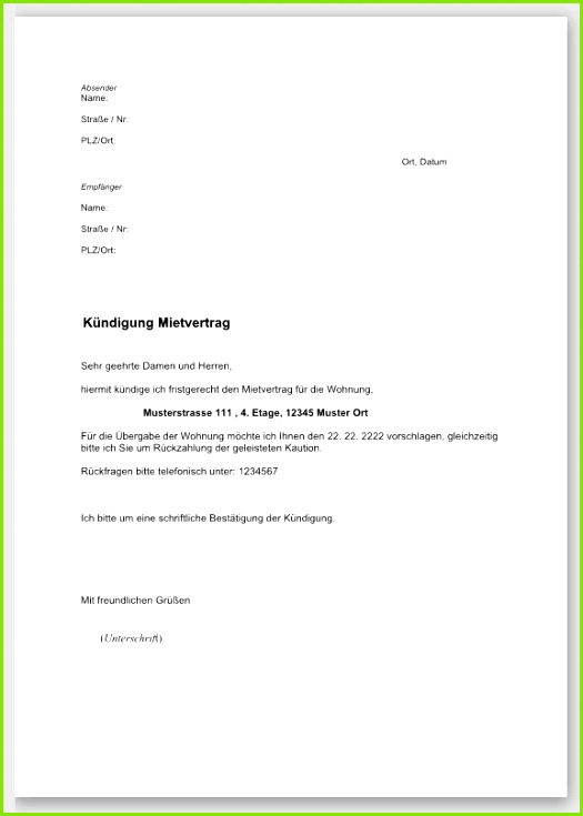 Muster Kündigung Mietvertrag Nachmieter