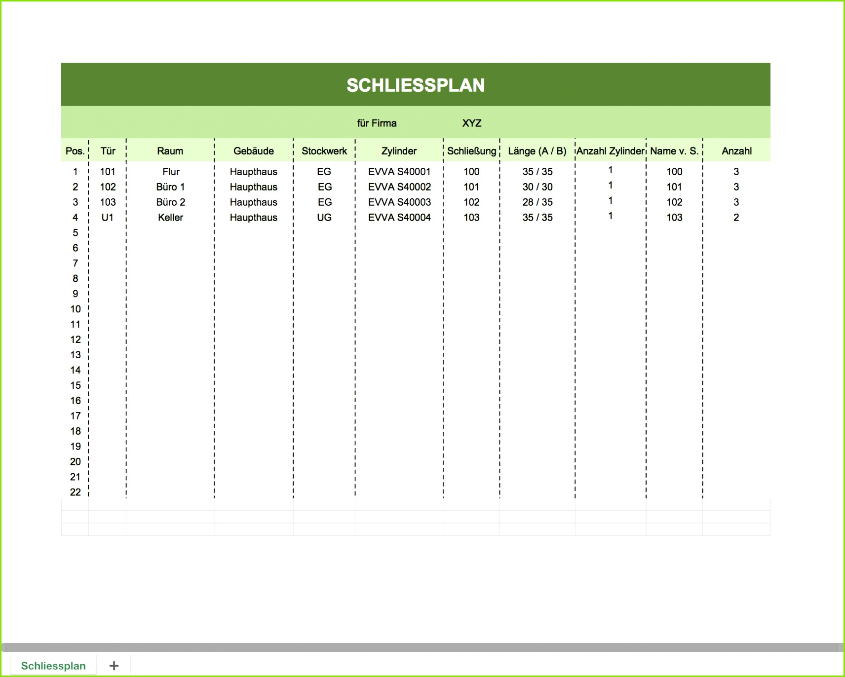 Schlüsselliste und Plan 17121372 schliessplan excelvorlage