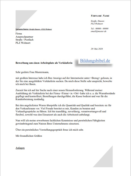 Bewerbung Verkauferin Bewerbungsschreiben Muster Vorlage